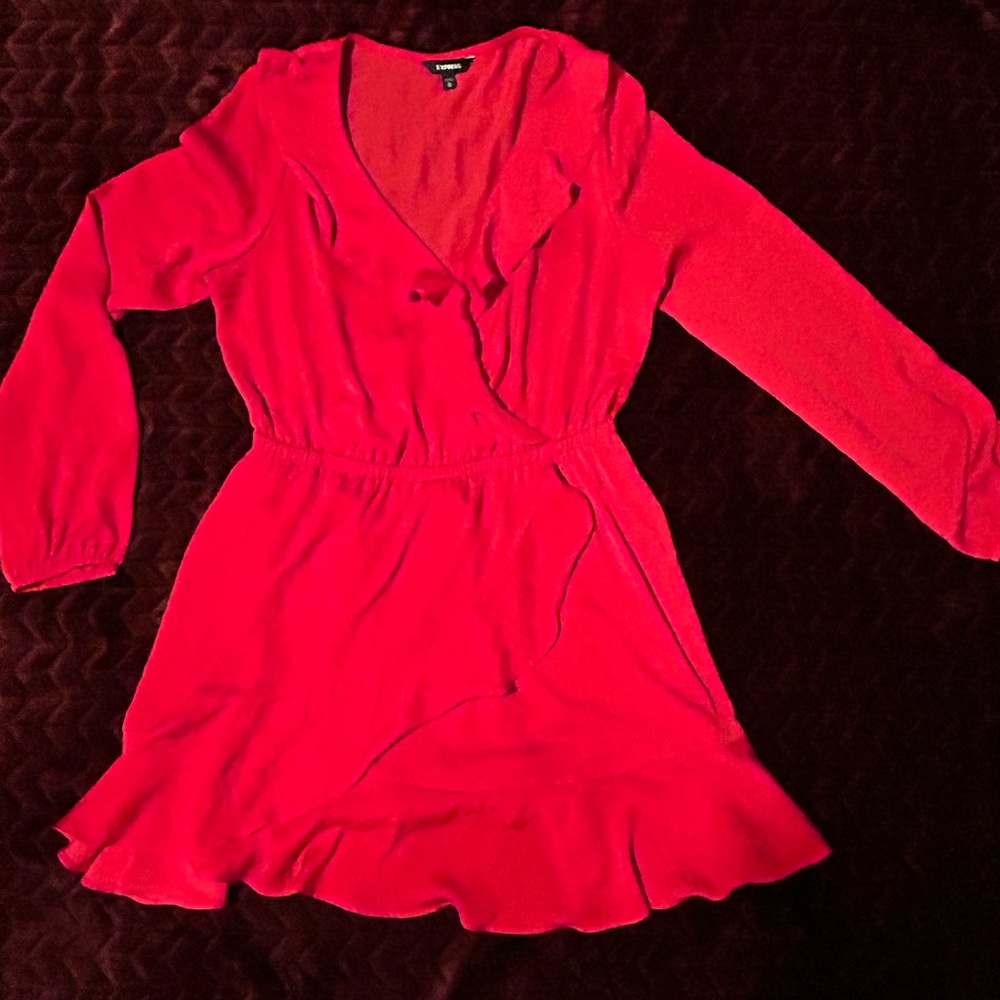 Express - Red Long Sleeve Ruffle Dress - Medium